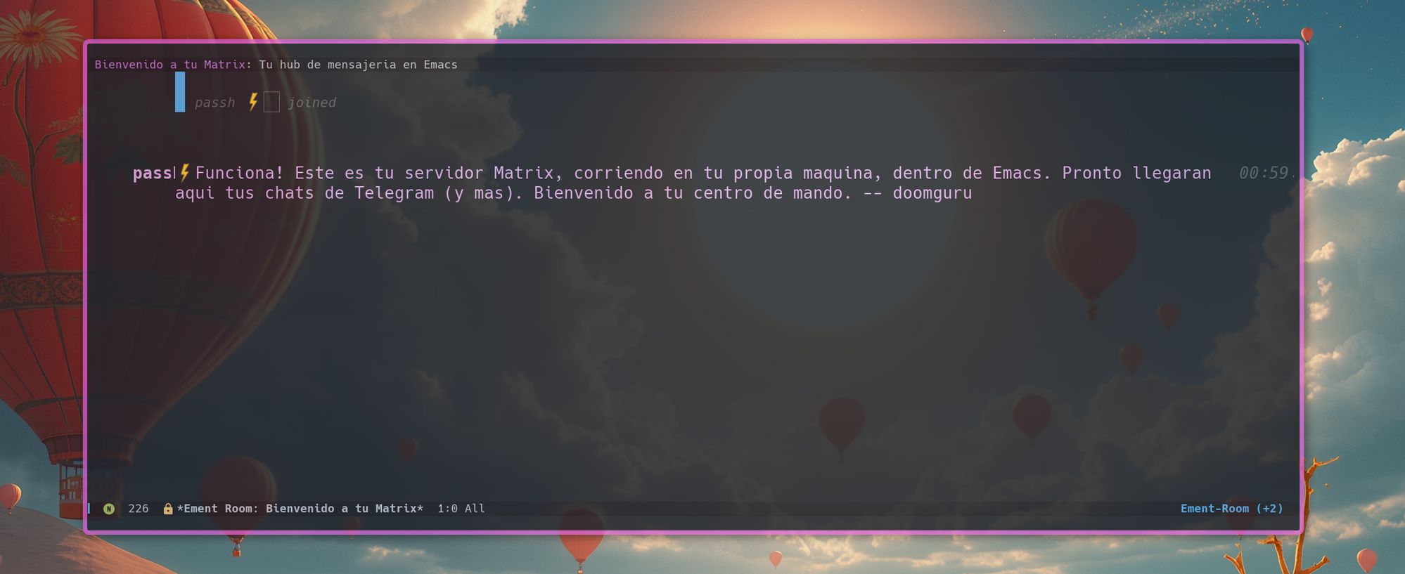 ement (cliente Matrix) flotando dentro de Emacs, mostrando la sala de bienvenida del servidor propio