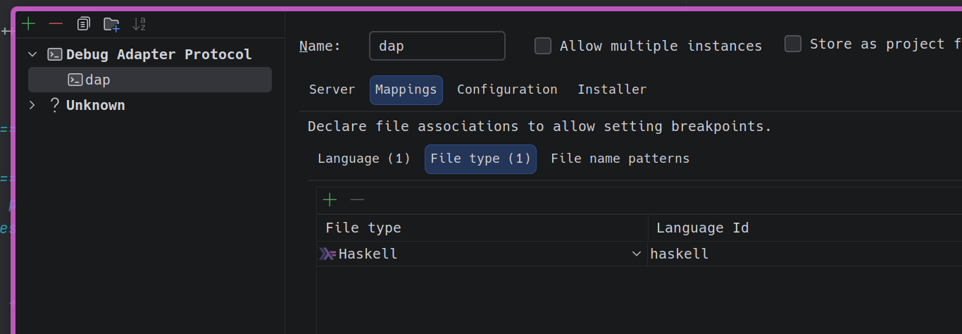 Mappings tab con File type Haskell + language id haskell