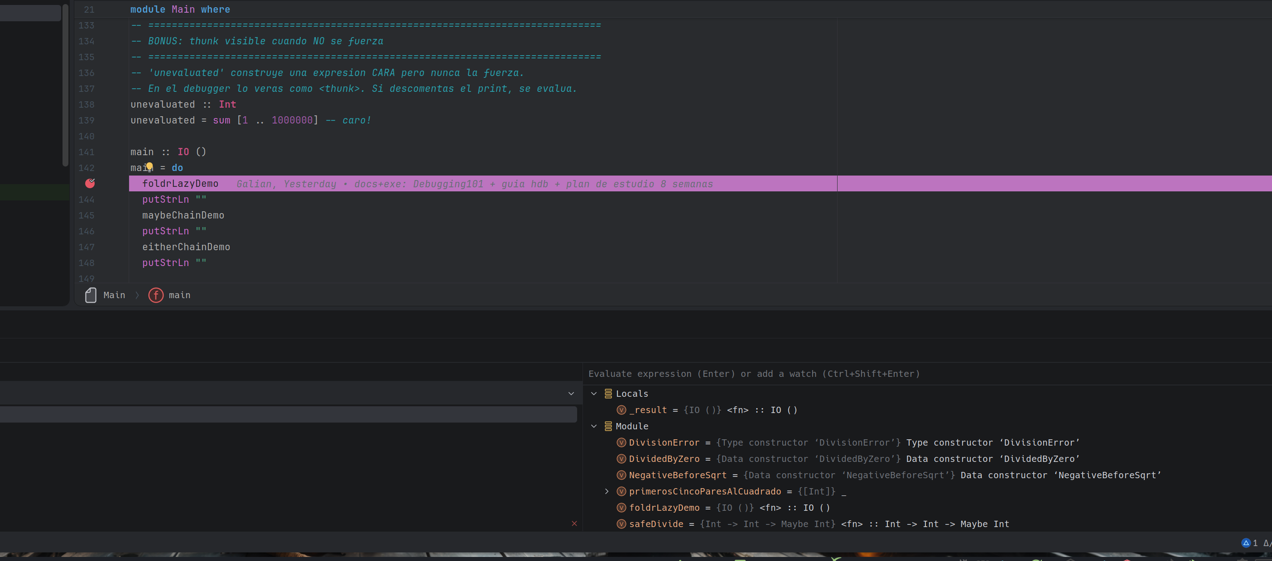 IntelliJ Ultimate pausado en breakpoint con thunks visibles
