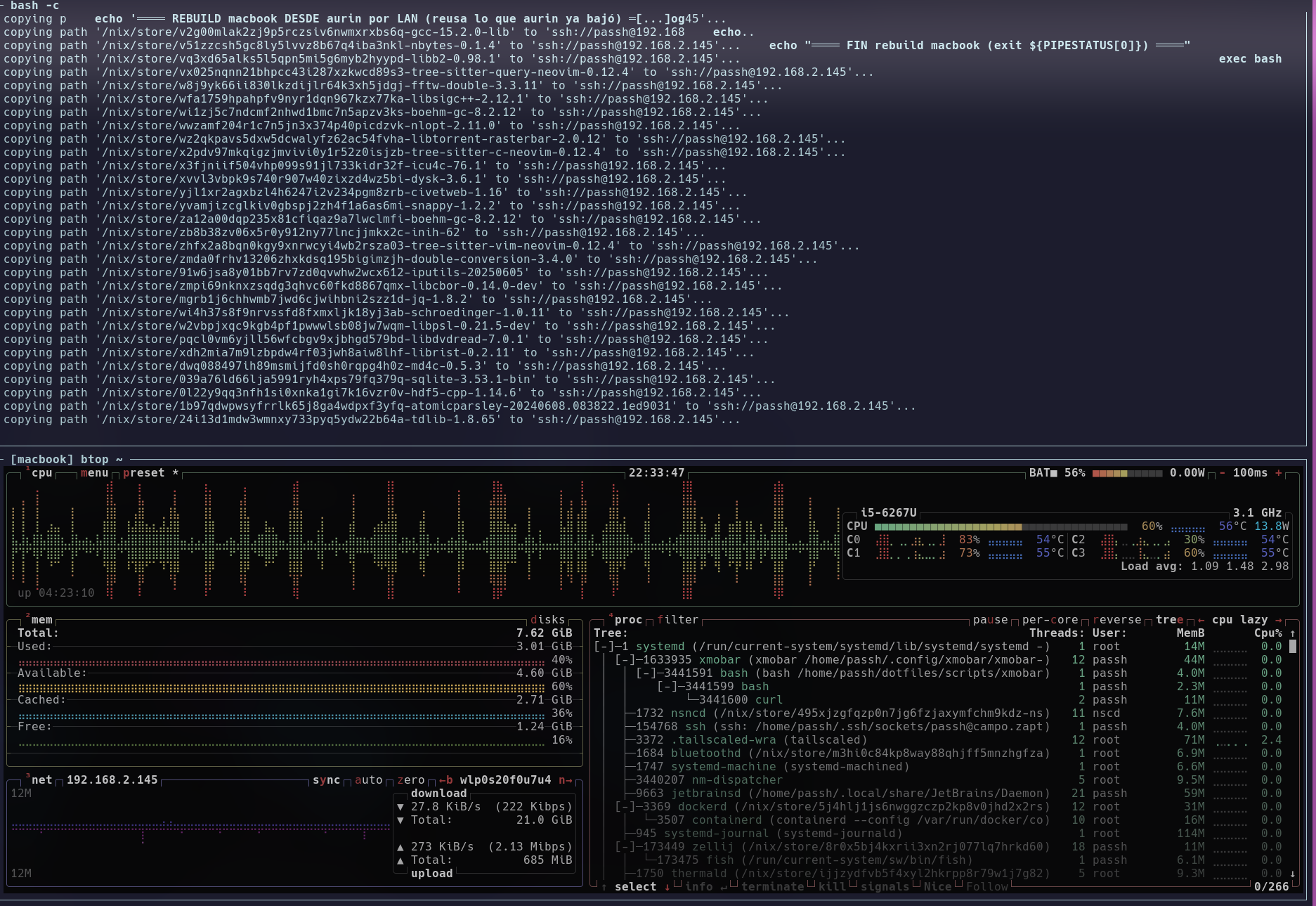 aurin copiando el sistema al MacBook por LAN (arriba) mientras el i5 lo recibe y activa (btop, abajo)