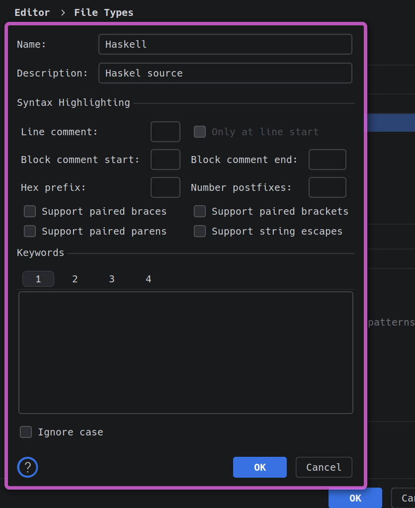 Settings - Editor - File Types con Haskell siendo creado