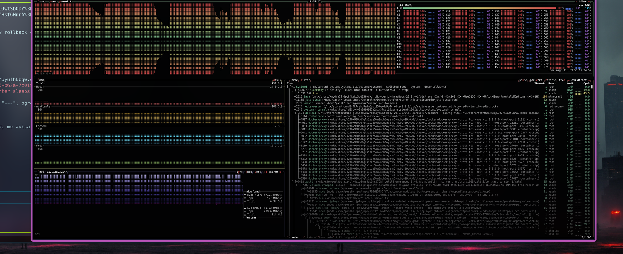 btop de aurin: 72 hilos al 100% compilando NixOS, load 113, 63°C