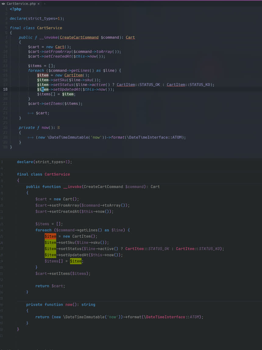 Comparativa de read/write highlighting: arriba Doom Emacs, abajo IntelliJ, ambos resaltando la variable item con escritura en rojo y lecturas en verde