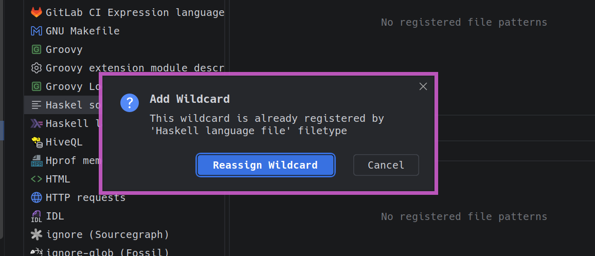 Diálogo: el wildcard ya está registrado por Haskell language file