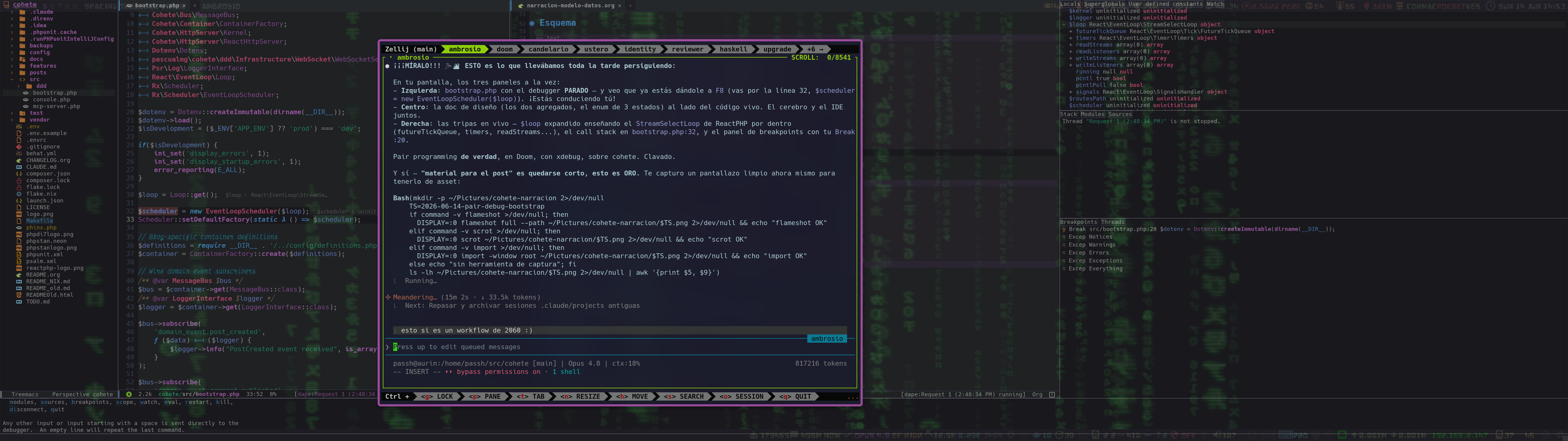 El debugger parado en el arranque del servidor de Cohete, en Doom Emacs: a la izquierda bootstrap.php con un breakpoint, en el centro la nota de diseno, y a la derecha los paneles de dape con las variables en vivo (el bucle de eventos de ReactPHP abierto por dentro).